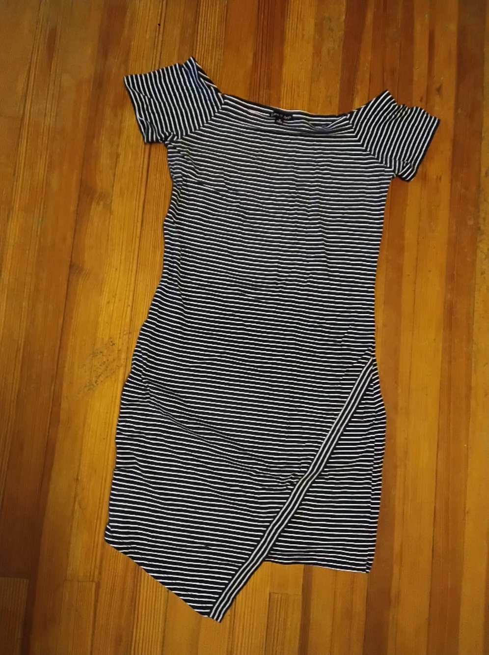 Striped Off-Shoulder Asymmetrical Midi Dress - Navy & White